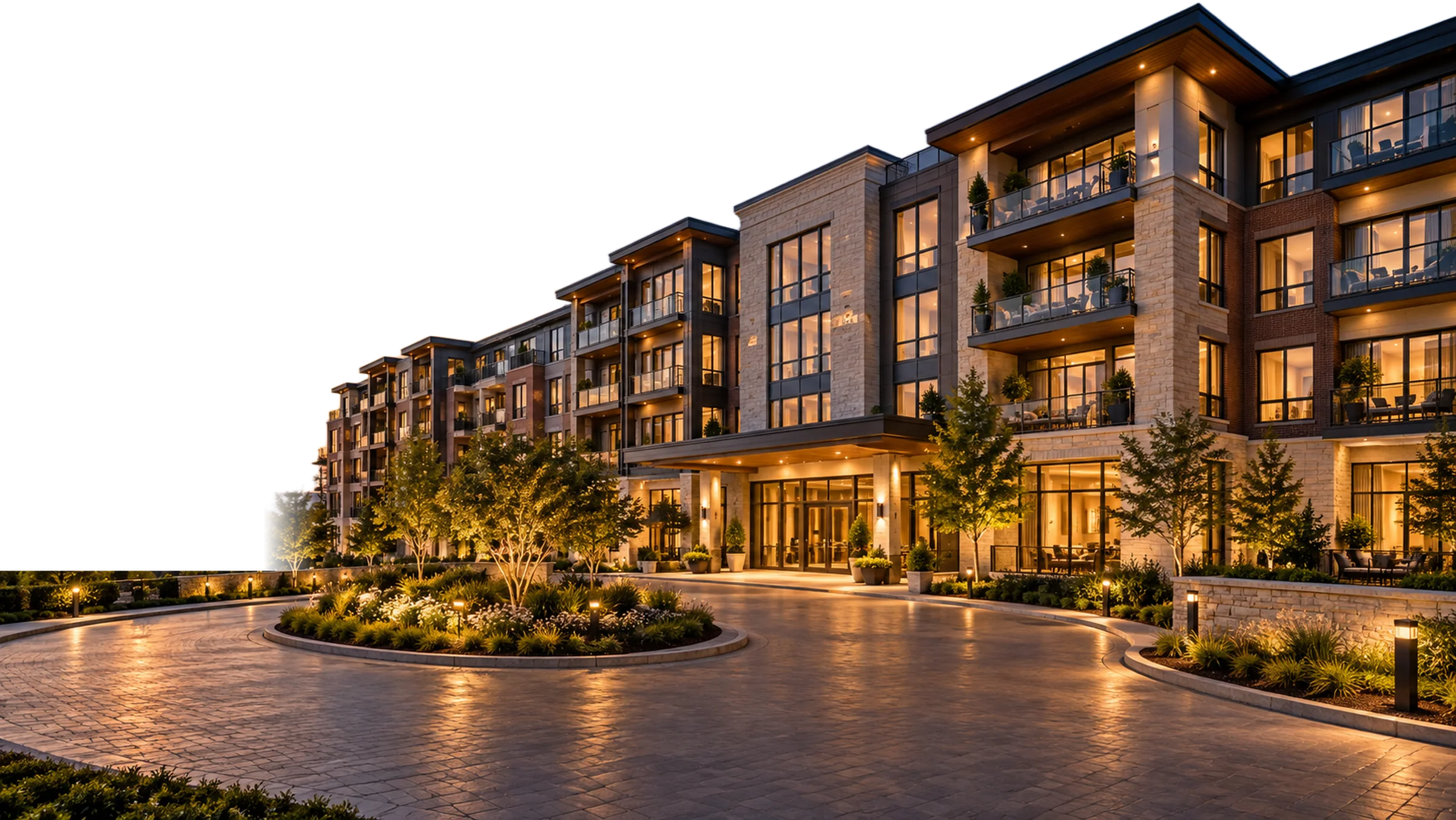 A luxury stone and glass apartment building at sunset with a lit entry drive and landscaped courtyard